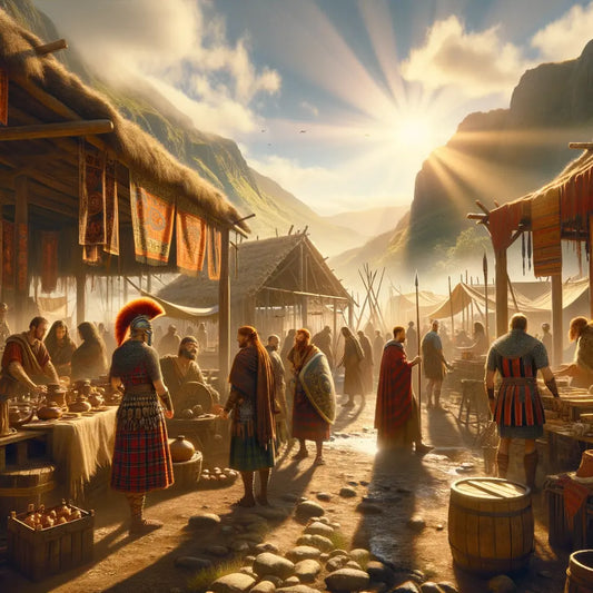 Vibrant market scene in ancient Gaul featuring Celtic people and Roman soldiers, styled like a 1960s historical epic.
