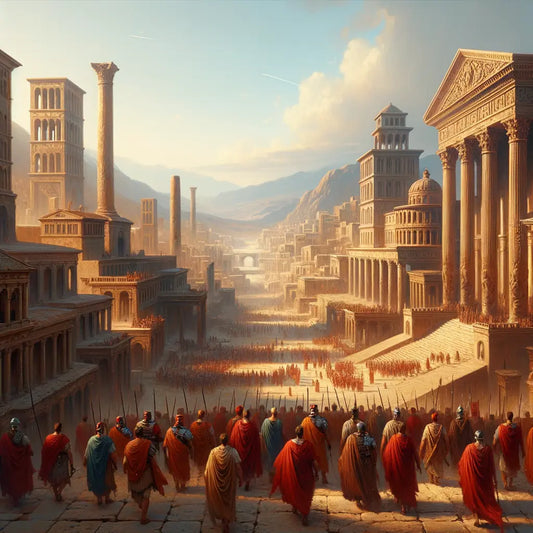 Diverse Roman legion marching through an ancient city, depicted in a cinematic style inspired by 1960s historical epics.