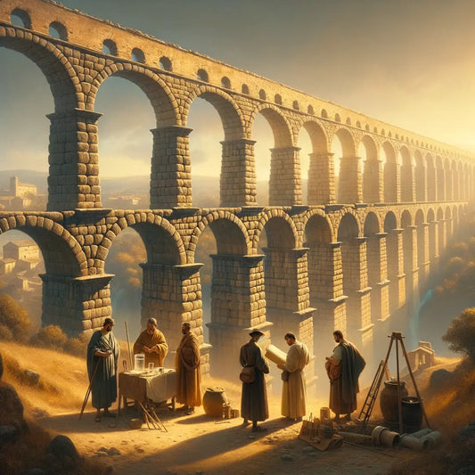 A grand Roman aqueduct with sunlight casting shadows through its arches, illustrating its engineering marvel in a cinematic painting style.
