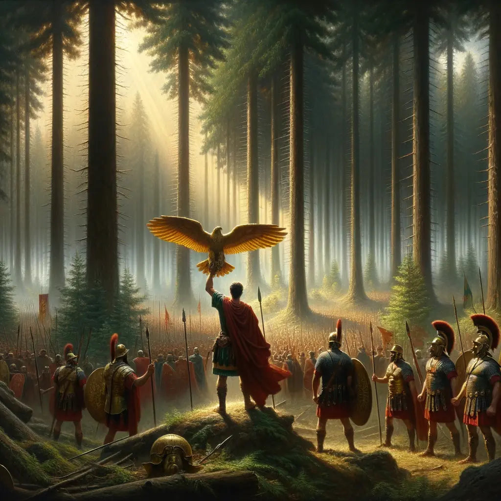 Germanicus triumphantly holding a Roman legionary eagle in the Teutoburg Forest, surrounded by Roman soldiers, styled after 1960s historical epics.