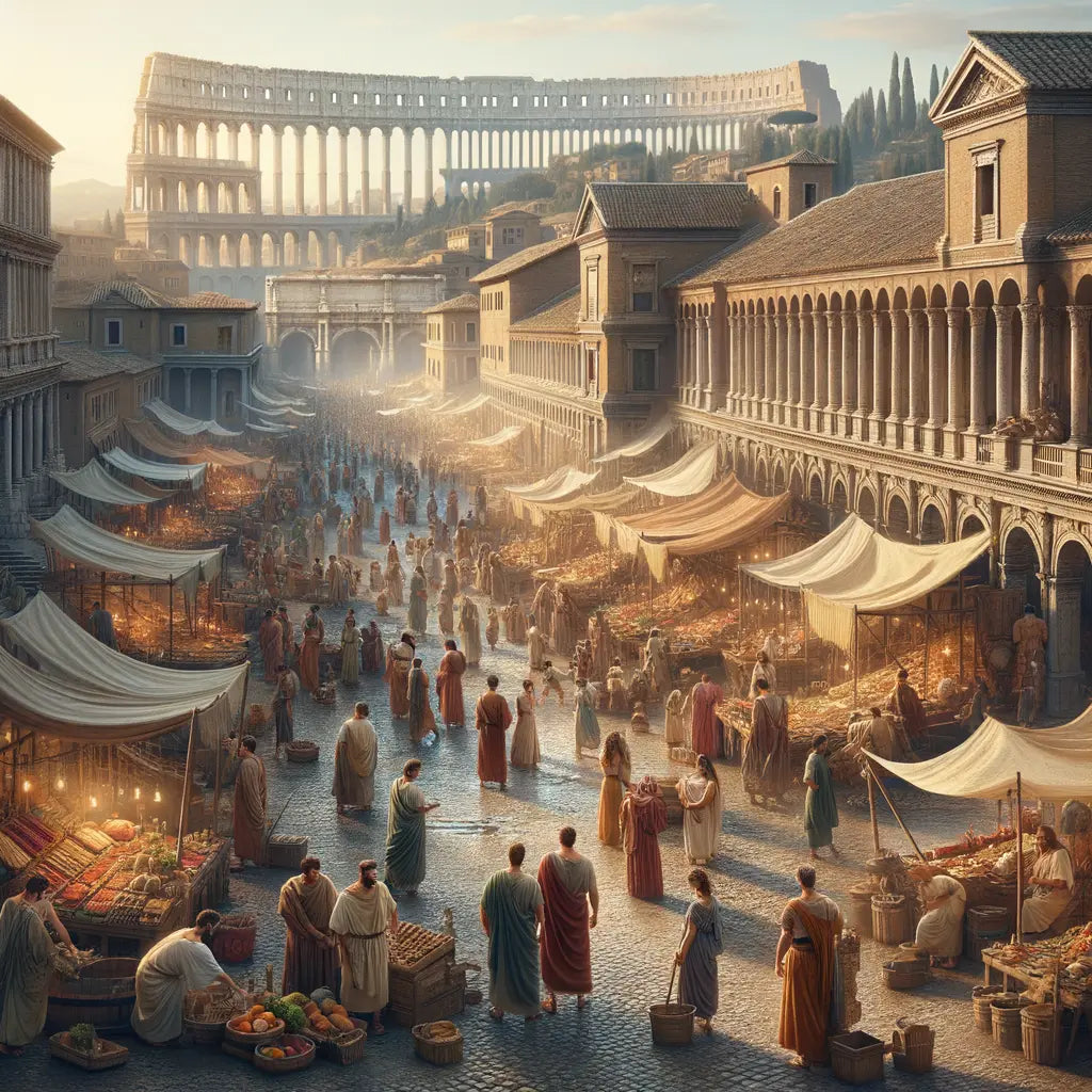 Bustling ancient Roman market scene with people in traditional attire, highlighting city architecture and Cloaca Maxima arches.