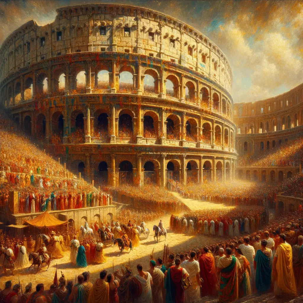 Roman Colosseum filled with lively spectators and vibrant activity, captured in a style reminiscent of 1960s historical epics.