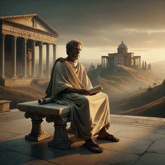 An ancient Stoic philosopher in a toga, deep in thought with a scroll, set against a serene Roman landscape reminiscent of classic historical cinema.