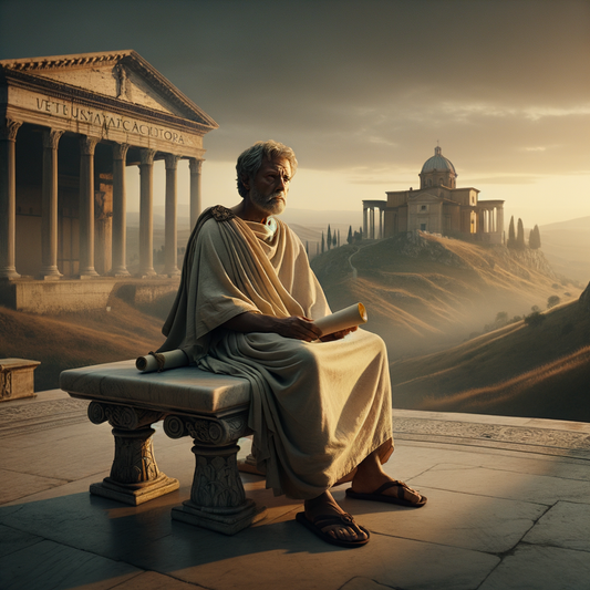 An ancient Stoic philosopher in a toga, deep in thought with a scroll, set against a serene Roman landscape reminiscent of classic historical cinema.
