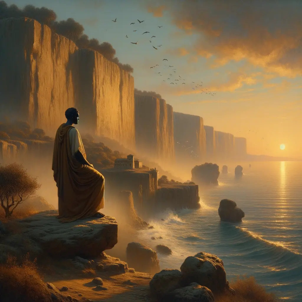A Roman philosopher in a toga meditating on a sunrise-lit coastal cliff, inspired by Stoic practices, with a 1960s historical film aesthetic.