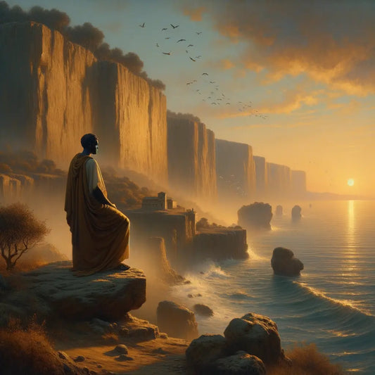 A Roman philosopher in a toga meditating on a sunrise-lit coastal cliff, inspired by Stoic practices, with a 1960s historical film aesthetic.
