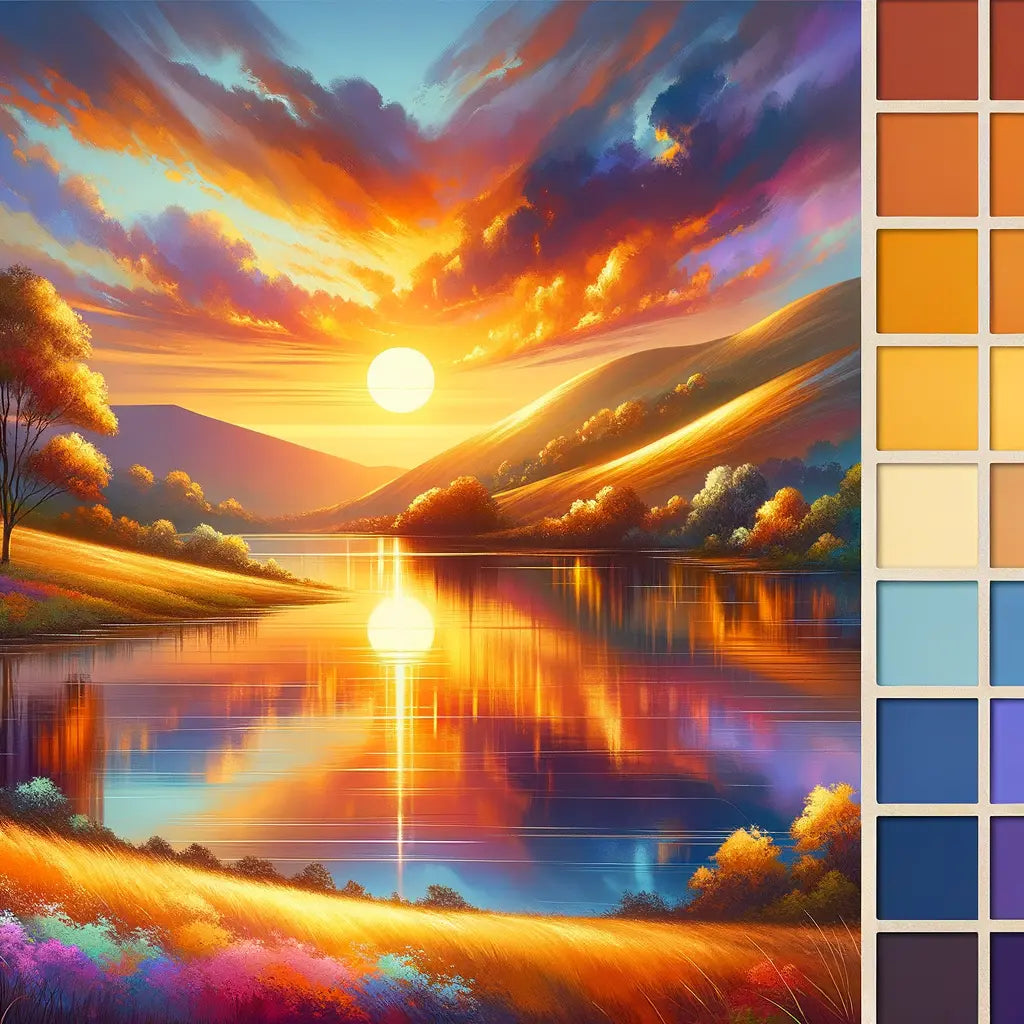 A peaceful sunset landscape with hills and a lake.