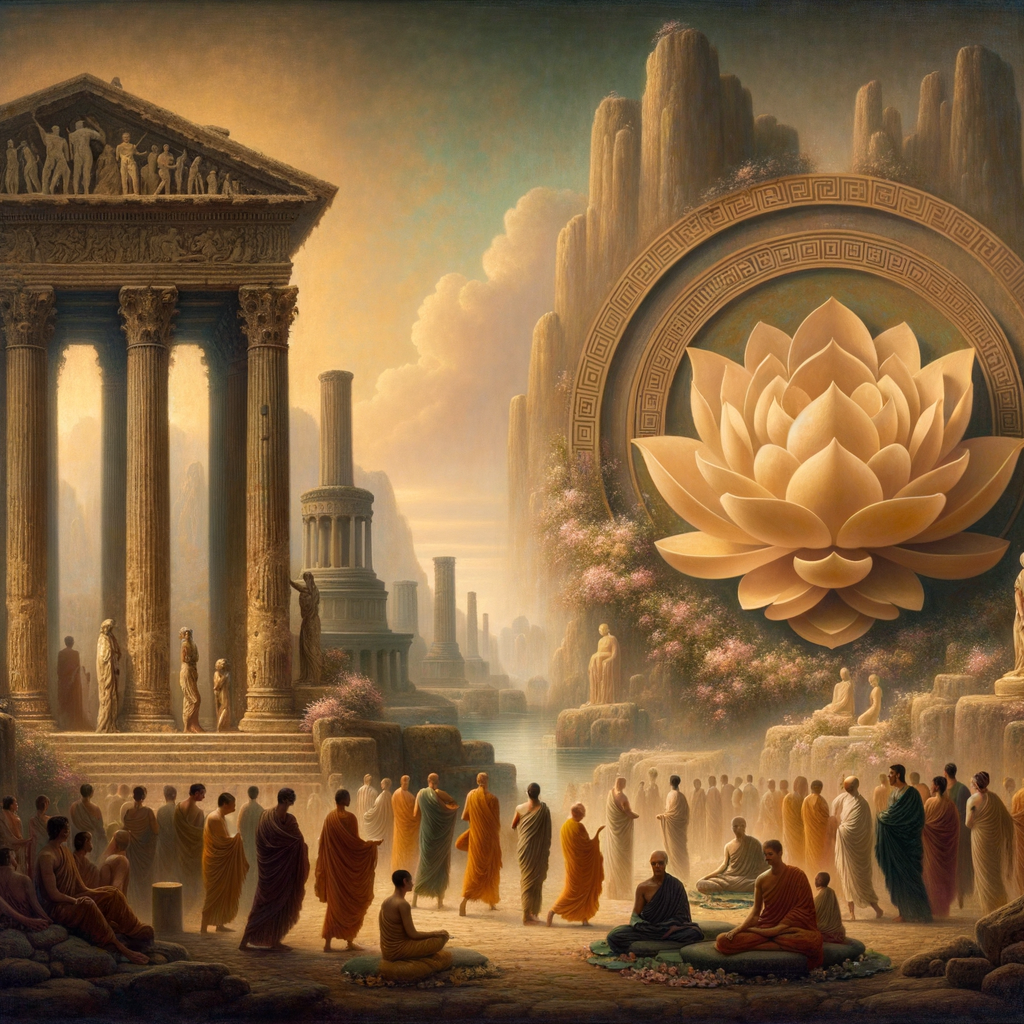 Greek column and lotus symbolizing Stoicism and Buddhism's paths to peace, in a painterly, historical epic style.