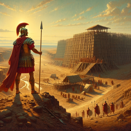 Roman legionary with spear and shovel at newly constructed fort, framed by a vast foreign landscape, in a cinematic style inspired by classic 1960s historical epics.