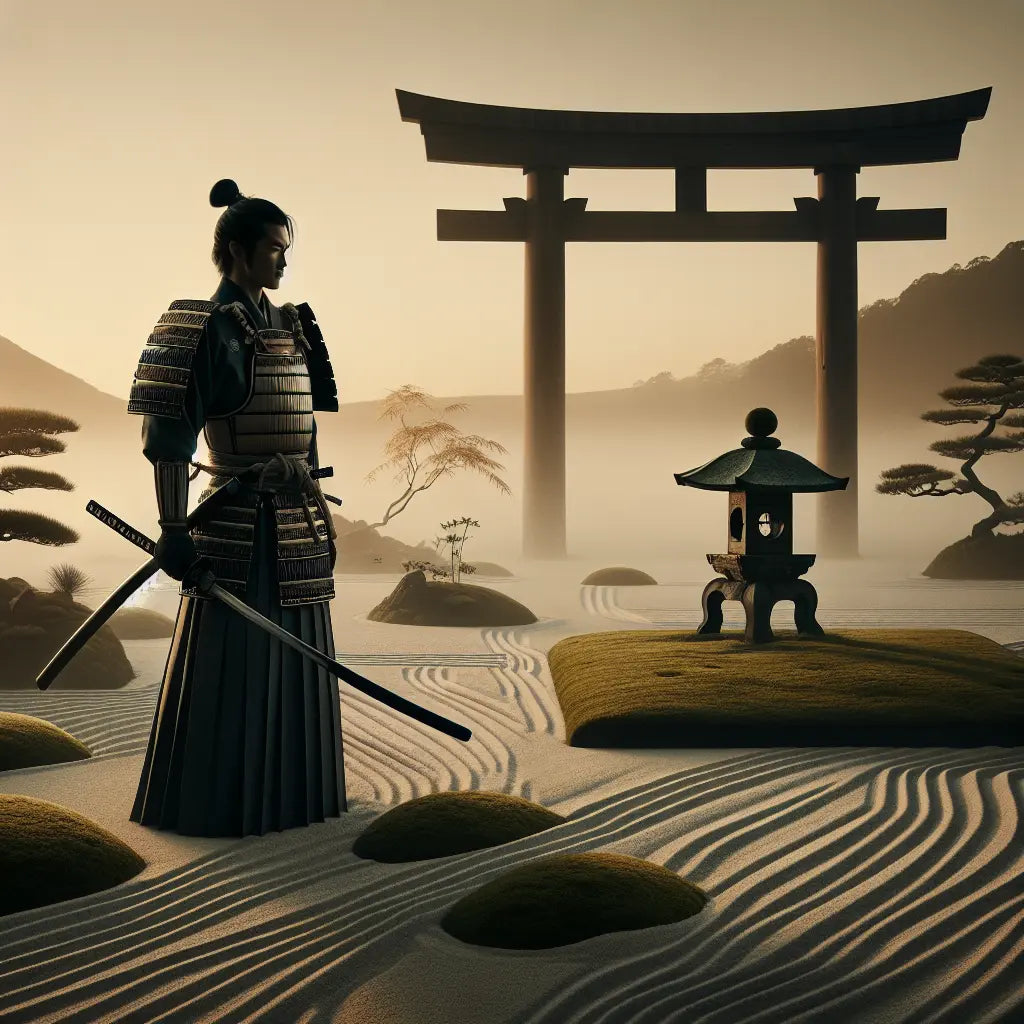 A dignified samurai warrior in traditional armor holding a katana at sunrise against a serene Japanese landscape featuring a misty torii and zen garden — minimalistic and culturally inspired.