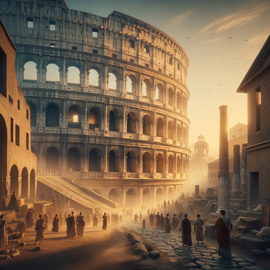 A cinematic view of Rome's Colosseum at sunrise, highlighting its grandeur amid the city's early activity, painted in a 1960s historical style.