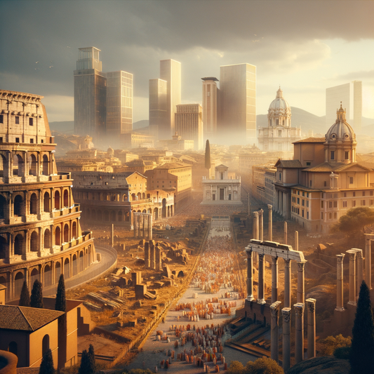 Scenic view of Rome with the Colosseum and Roman Forum blending into the modern city, illustrating ancient and contemporary life in a historical epic style.