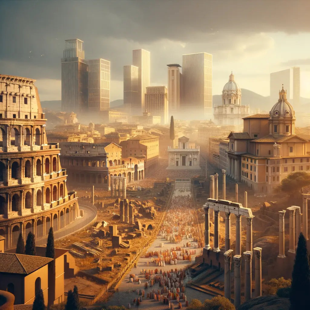 Scenic view of Rome with the Colosseum and Roman Forum blending into the modern city, illustrating ancient and contemporary life in a historical epic style.