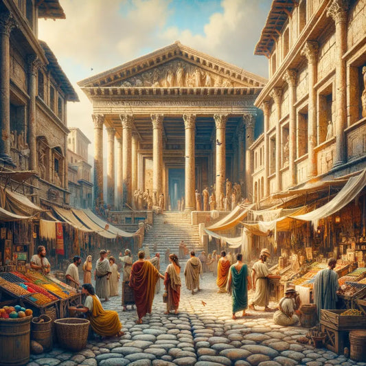 Scenic view of an ancient Roman street with cobblestone paths, lively market stalls, and a Roman house with an open atrium, inspired by 1960s historical epics.