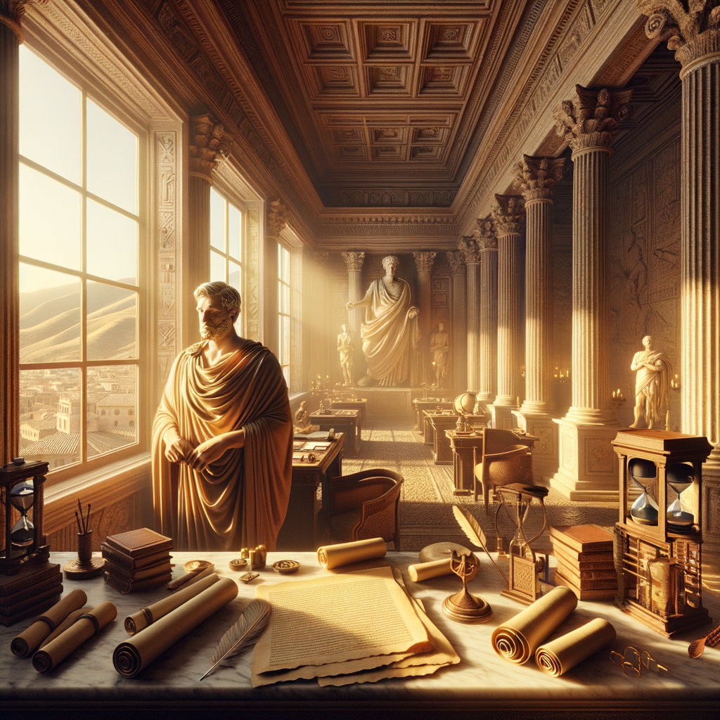 Cinematic painting of Seneca in a Roman study with a fusion of ancient and modern design elements, inspired by classic historical films.