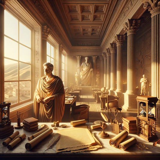 Cinematic painting of Seneca in a Roman study with a fusion of ancient and modern design elements, inspired by classic historical films.