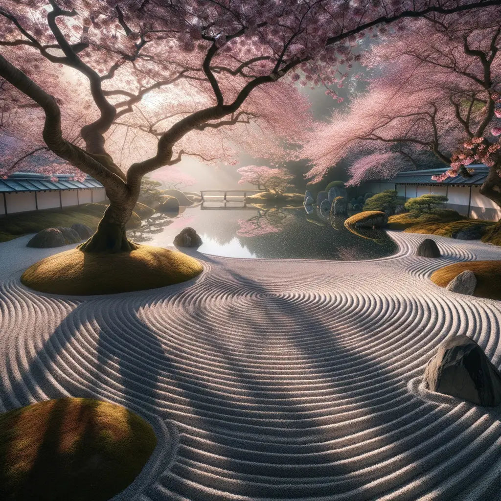 A minimalist representation of a Zen garden at dawn, showcasing cherry blossoms and a peaceful pond.