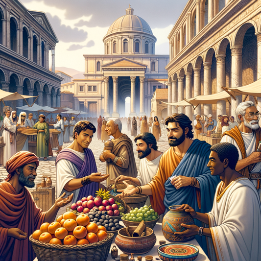 A vibrant scene of a Roman marketplace filled with people and ancient structures.