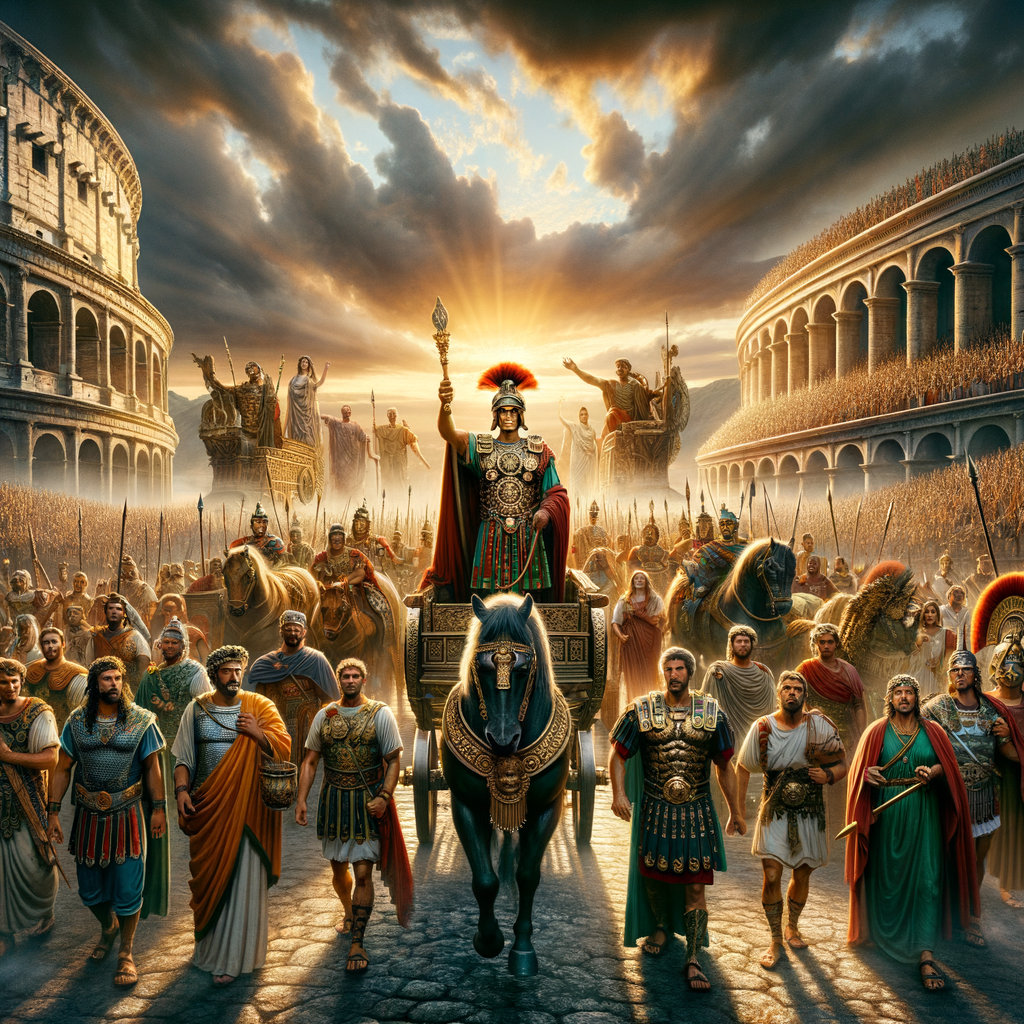 A Roman general celebrating a victory with troops and citizens in ancient Rome.
