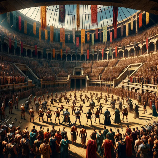 An illustration of a Roman amphitheater showcasing the excitement of ancient Roman games.