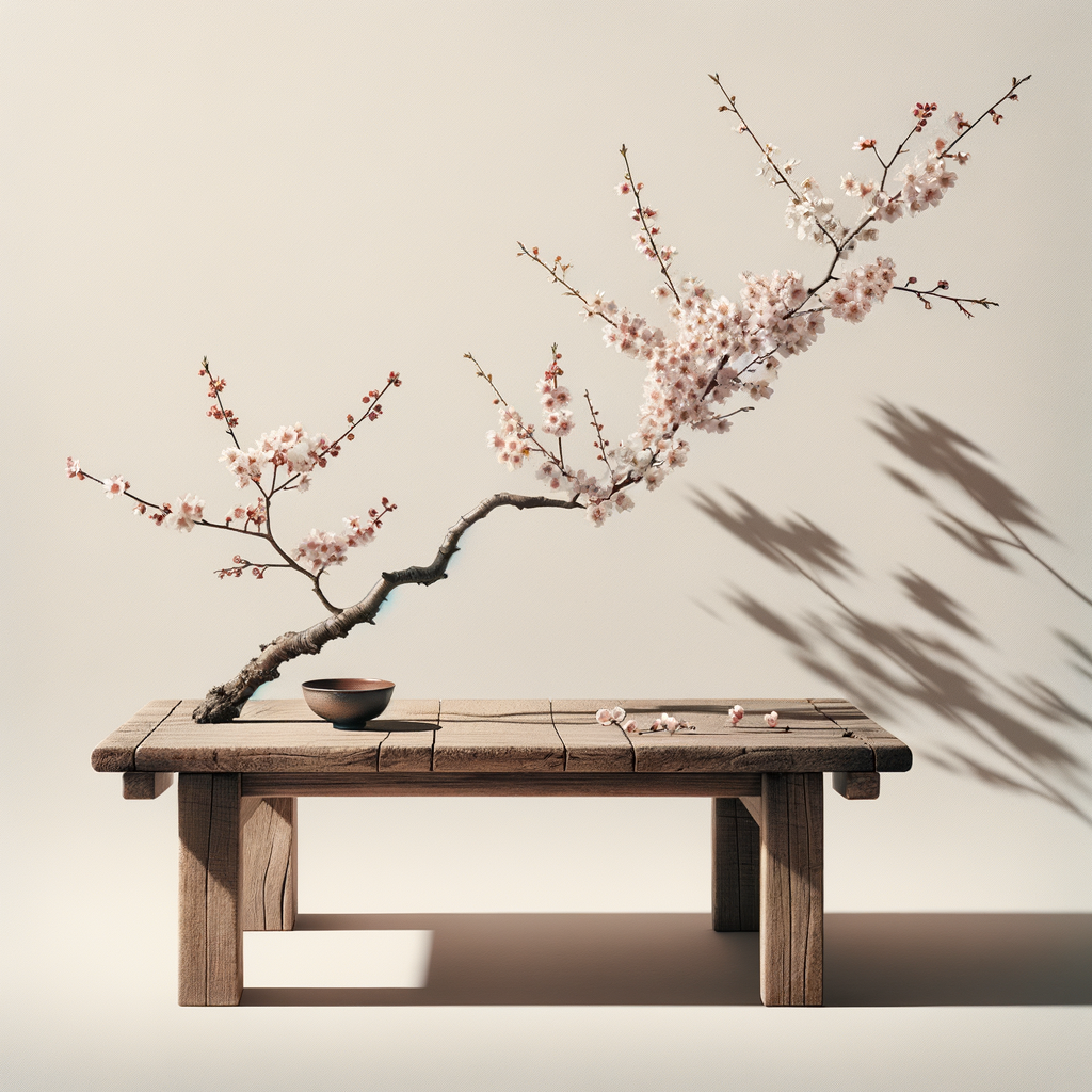 Einzelner blühender Kirschblütenzweig über einem schlichten Holztisch, minimalistisches und harmonisches japanisches Design.