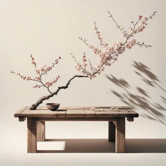 Einzelner blühender Kirschblütenzweig über einem schlichten Holztisch, minimalistisches und harmonisches japanisches Design.
