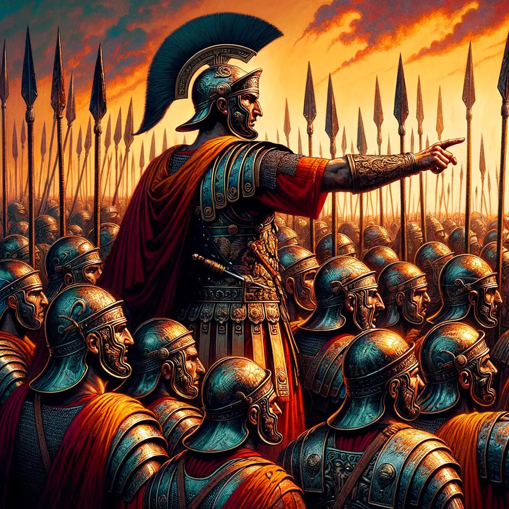 Julius Caesar giving a rousing speech to his troops before battle in a Roman epic style.