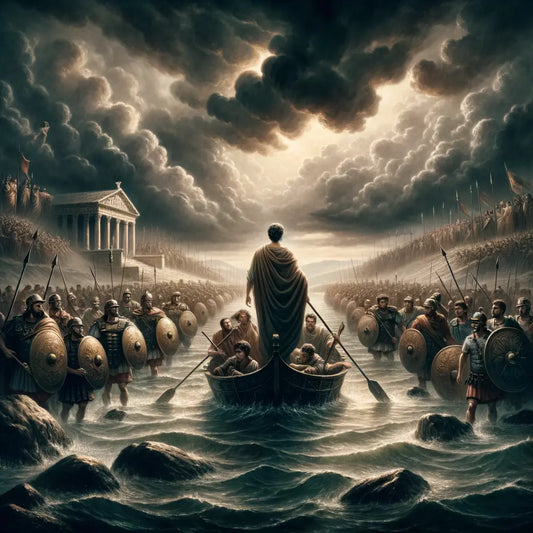 Julius Caesar leading his army across the Rubicon River, symbolizing the point of no return.