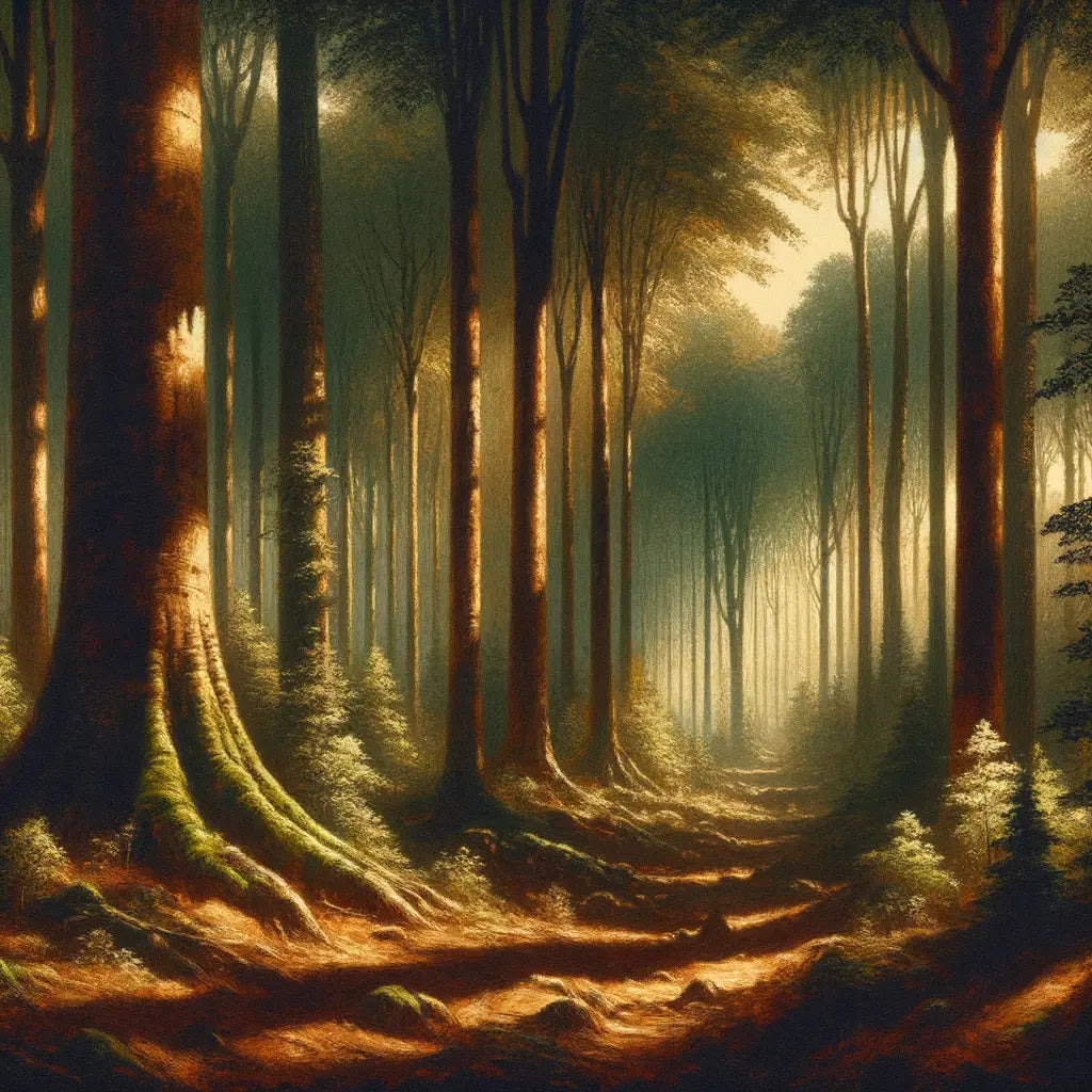 Serene depiction of the ancient Teutoburg Forest with dappled sunlight filtering through towering trees, evoking timeless history and beauty in a cinematic 1960s epic style.