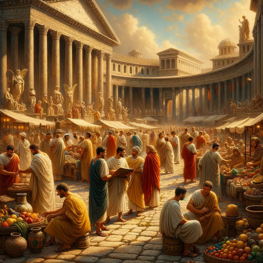 Ancient Roman marketplace bustling with diverse crowds and colorful stalls, depicted in the cinematic style of 1960s epics.