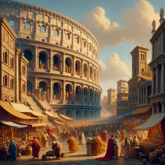 The Roman Colosseum surrounded by bustling market scenes and ancient buildings, depicted in a cinematic 1960s historical style.