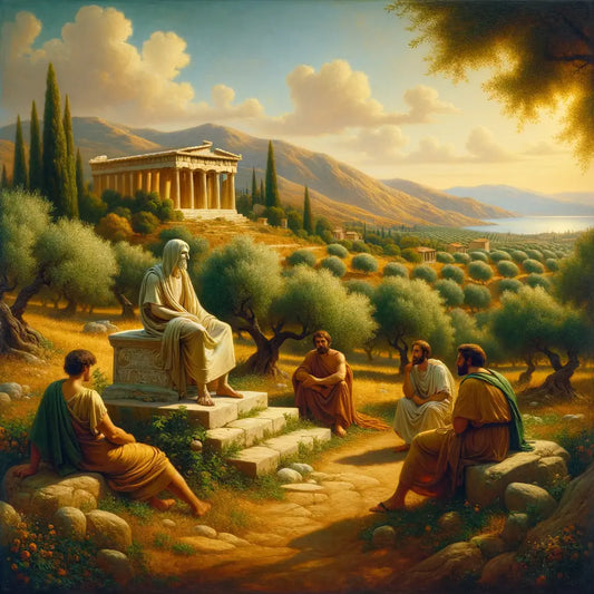 A serene Greek landscape with a Stoic philosopher reading a scroll under olive trees, surrounded by disciples, against a backdrop of temples and the Aegean Sea, in the style of 1960s historical epic films.
