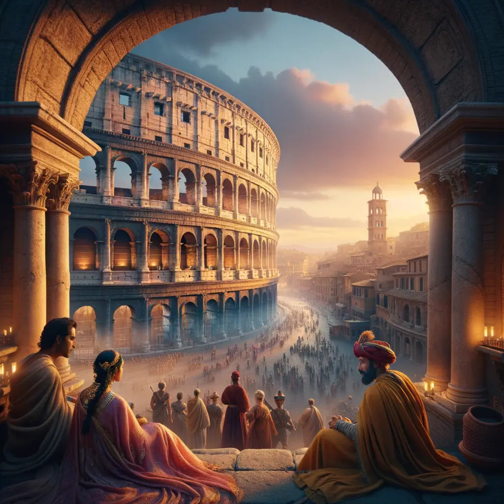 Majestic view of the Roman Colosseum during sunset, with golden light highlighting its arches and figures dressed in Roman attire walking nearby, inspired by 1960s historical film style.