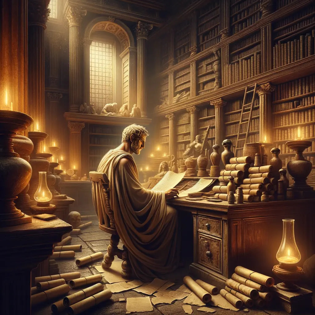 Chrysippus in a Roman library, deeply engaged with philosophical scrolls, surrounded by ancient texts in a style echoing 1960s historical epics.