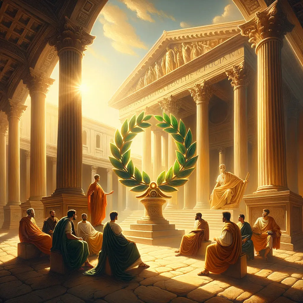 Stoic philosophers in a Roman forum beside a symbolic laurel wreath, painted in a classical 1960s epic style.
