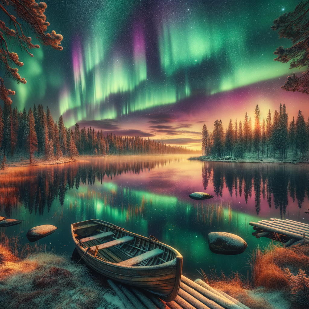 Northern lights over a tranquil Finnish lake, with boreal forests and a wooden boat, capturing Finland's serene natural beauty in an epic style.