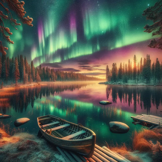 Northern lights over a tranquil Finnish lake, with boreal forests and a wooden boat, capturing Finland's serene natural beauty in an epic style.