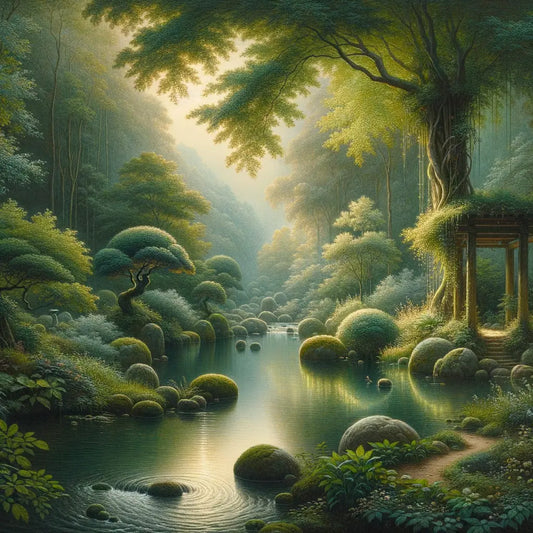 Tranquil garden with gentle streams and rustling leaves, evoking peace and harmony in the style of 1960s historical epics.