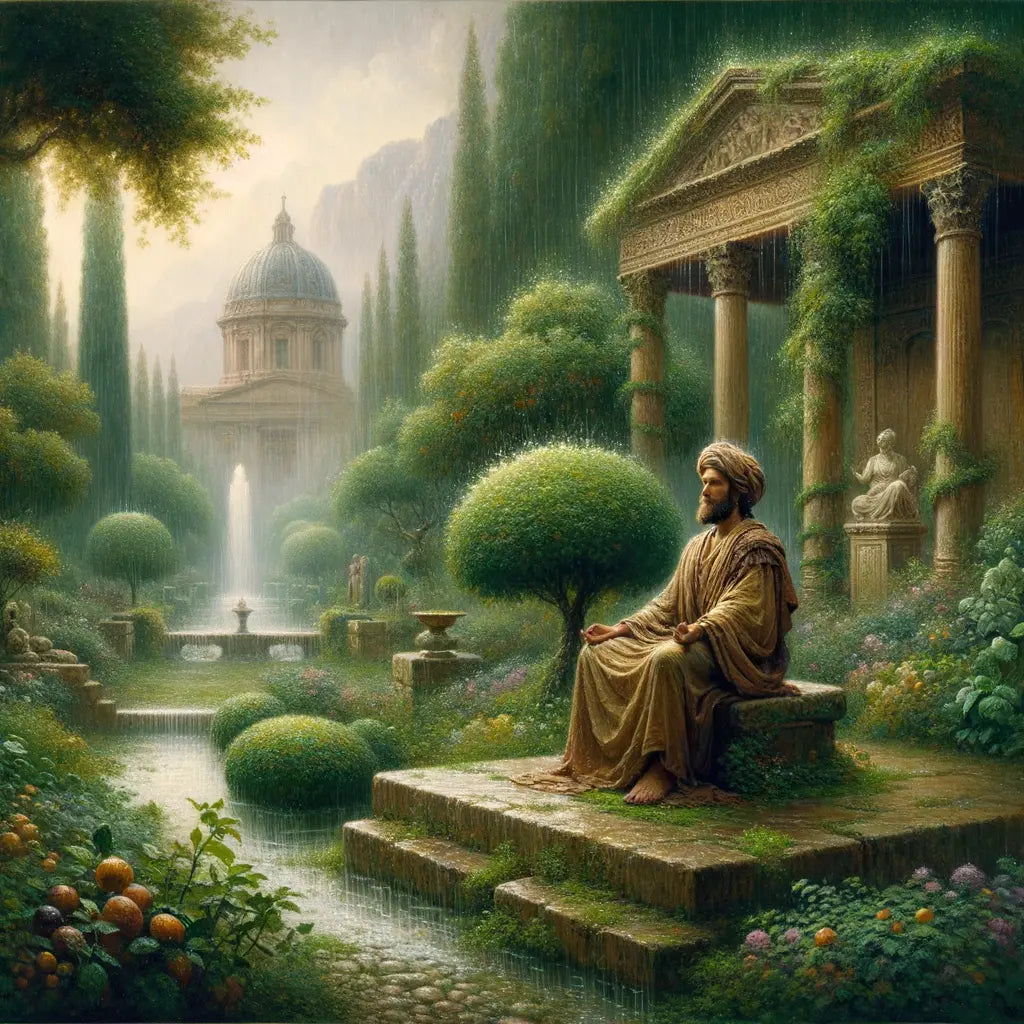 Roman philosopher meditating in a lush garden with gentle rain, surrounded by vibrant greenery, inspired by 1960s historical films.