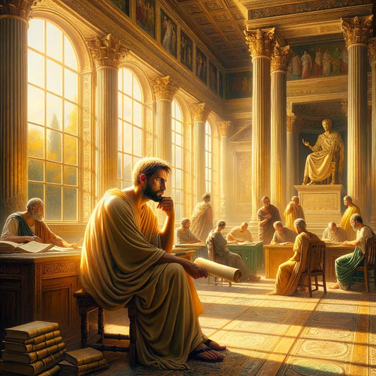 Marcus Aurelius in an ancient Roman study, writing on an open scroll with a quill, surrounded by scholars in a classic film style depiction.