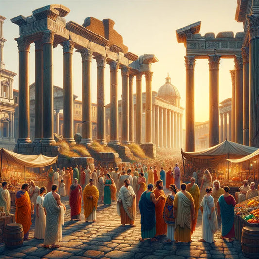 Illustration of a lively Roman forum with people and architecture.
