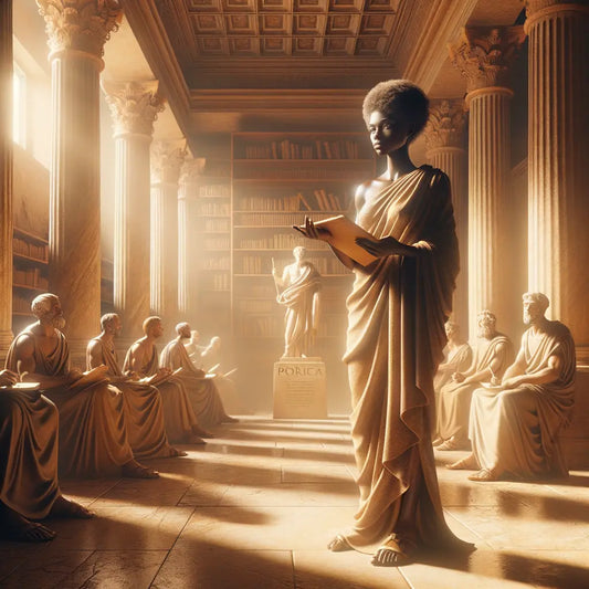 Porcia, a Stoic woman, in a serene ancient Roman setting, surrounded by philosophical elements and fellow scholars, reminiscent of 1960s historical films.