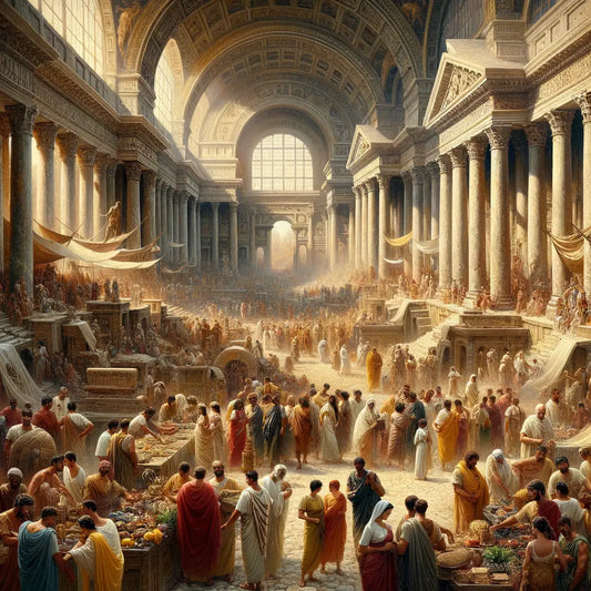 Bustling ancient Roman forum with citizens, senators, and merchants, framed by grand architectural structures, in the style of 1960s historical films.