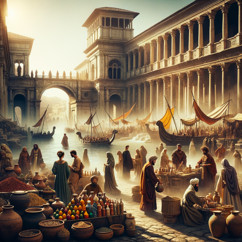 Bustling ancient Roman port city by the Tiber River with merchants, ships, and grand architecture.