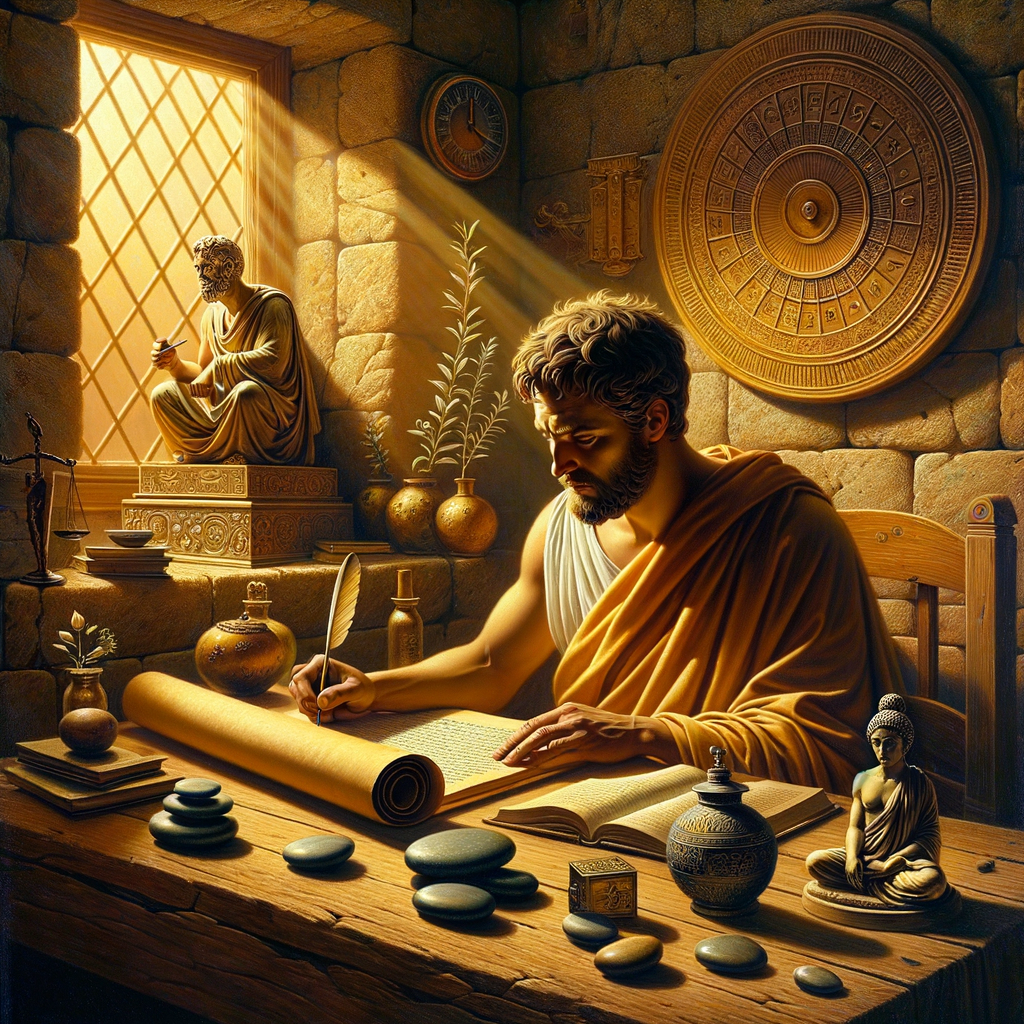 Painting of a Roman philosopher writing on a scroll, surrounded by symbols of Stoic philosophy and mindfulness in a serene ancient study.