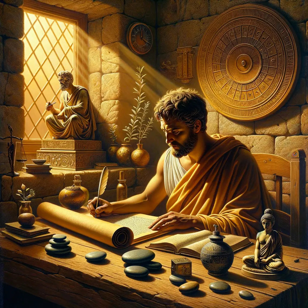 Painting of a Roman philosopher writing on a scroll, surrounded by symbols of Stoic philosophy and mindfulness in a serene ancient study.