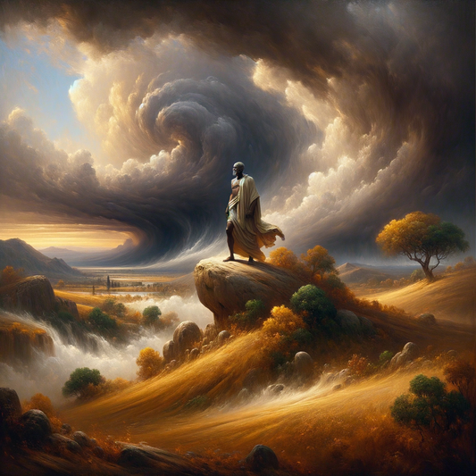 A lone philosopher stands calmly amidst a turbulent storm, symbolizing inner peace amidst chaos, inspired by Epictetus, in a cinematic painting style reminiscent of 1960s historical films.