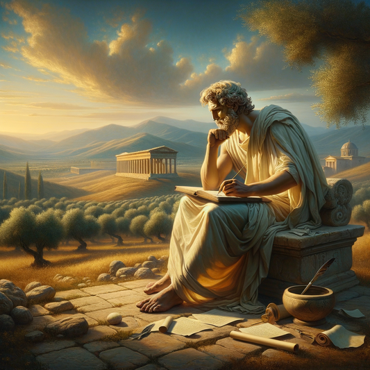 Marcus Aurelius, dressed in a toga, writing in his journal amidst serene Roman countryside, depicted in a cinematic 1960s historical epic style.