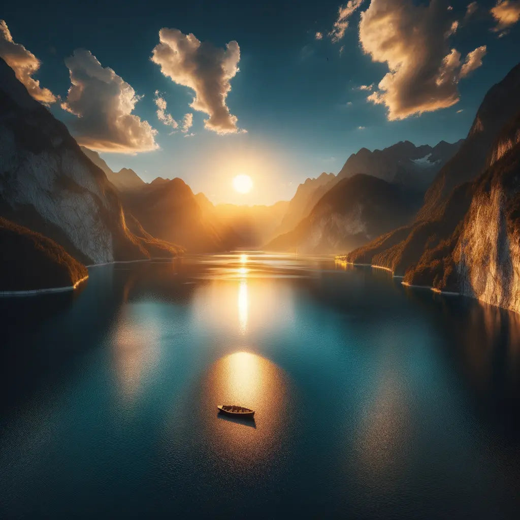 A sunset over a calm lake with mountains in the background.