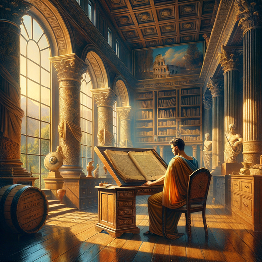 Marcus Aurelius stands in a Roman study, surrounded by scrolls, reflecting on his Meditations manuscript, evoking 1960s historical film style.
